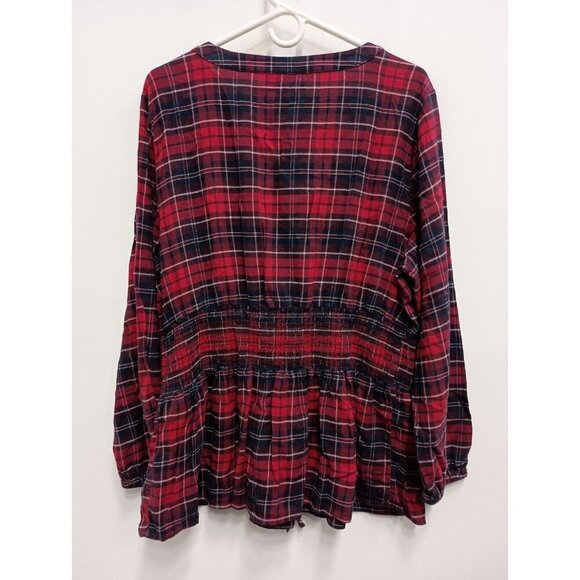 Lane Bryant Womens Tunic Top 20 Red Plaid Flannel Smocked Waist Lantern Sleeve - Picture 8 of 9